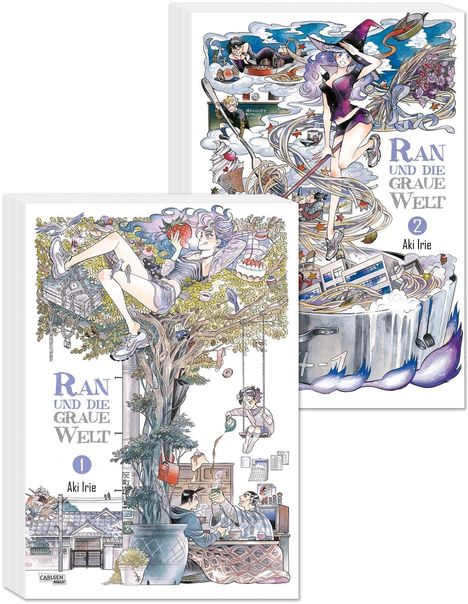 "Ran und die graue Welt" von Aki Irie. Zwei Manga-Cover mit zauberhaften, verspielten Illustrationen.