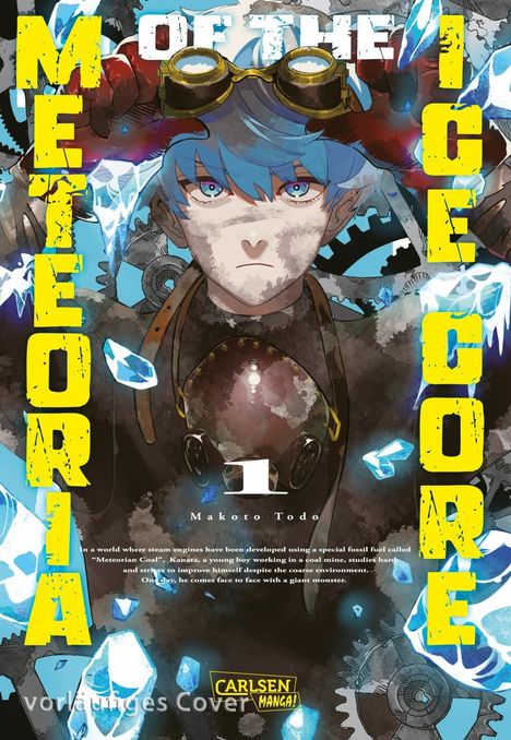 "Meteor of the Ice Core", 1, Makoto Todo. Manga-Cover mit blauhaariger Figur, Zahnrädern und Eisfragmenten.