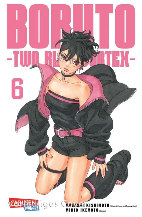 BORUTO -TWO BLUE VORTEX- 6. Illustration eines Mädchens mit Brille, dunkler Kleidung und pinken Akzenten.