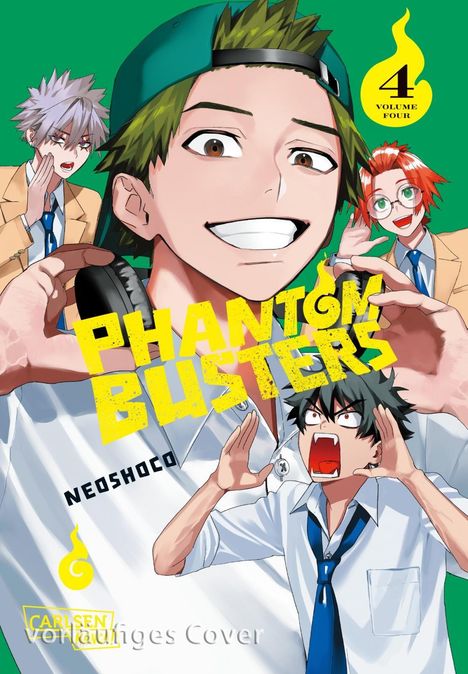 Text: "Phantom Busters", "Volume Four", "Neoschoco". Illustration mit vier fröhlichen Figuren.
