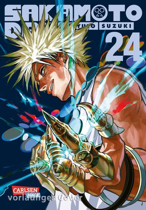 „SAKAMOTO DAYS 24“ und „CARLSEN Manga!“. Illustration eines blonden Mannes mit stacheligem Haar und kraftvollem Handschuh.