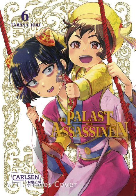 „Der Palast der Assassinen“ steht in großen goldenen Buchstaben. Zwei fröhliche Kinder in bunten Gewändern halten ein Seil.