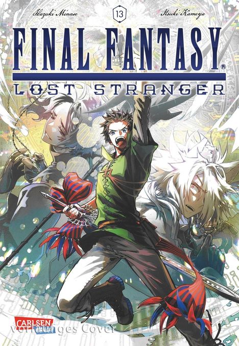 "FINAL FANTASY LOST STRANGER", dynamische Figuren in actionreicher Pose, eine Mischung aus Kampfszene und Fantasie.