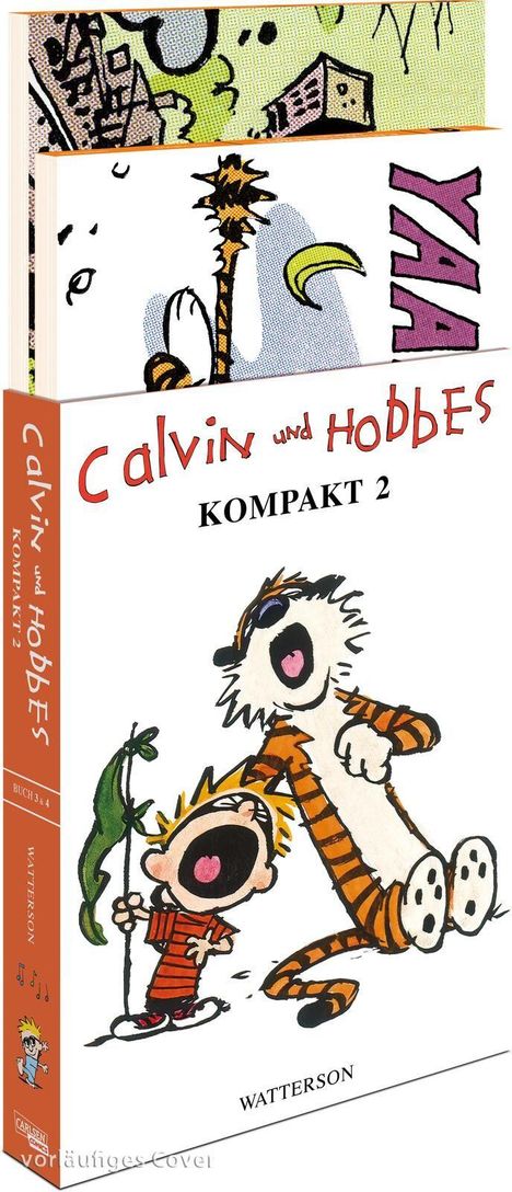 Illustration eines Buchcovers. "Calvin und Hobbes Kompakt 2". Calvin und Hobbes lachen laut. Comic-Stil.