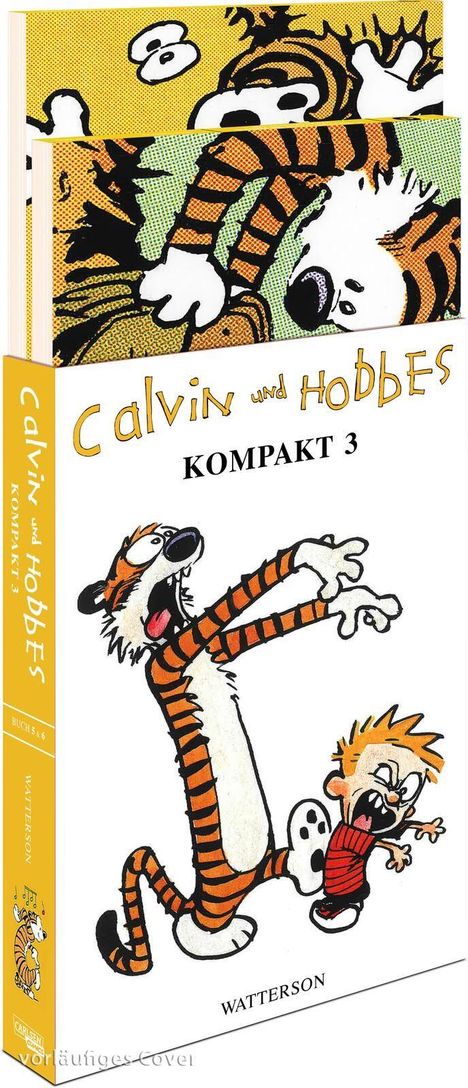 "Calvin und Hobbes Kompakt 3" zeigt eine Illustration von Calvin und dem Tiger Hobbes, die energetisch herumspringen.