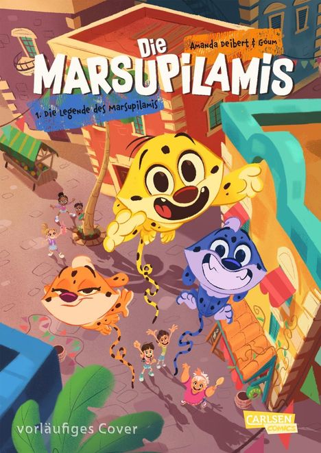 Eine fröhliche Illustration mit springenden, bunten Marsupilamis über einer sonnigen Straßenszene.