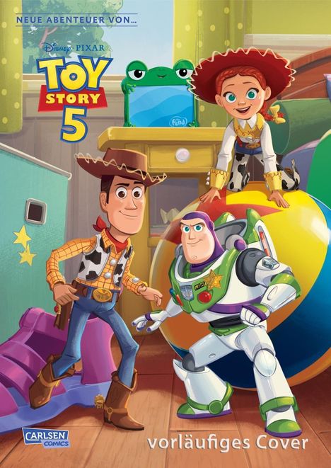"Neue Abenteuer von... Toy Story 5" steht oben. Figuren aus "Toy Story" sind abgebildet, darunter ein Cowboy und ein Astronaut.