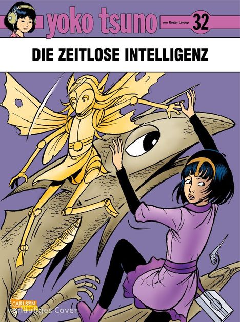 Titel: "Die zeitlose Intelligenz". Eine Frau mit schwarzem Haar blickt überrascht, neben ihr ein goldenes, robotisches Wesen.