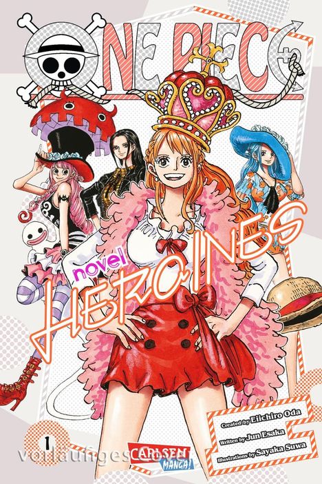 "One Piece Novel Heroines." Fünf lebhafte Figuren in bunten Outfits, zentral steht eine Frau mit Krone und pinkem Mantel.