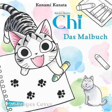 "Kleine Katze Chi: Das Malbuch" zeigt eine fröhliche gezeichnete Katze mit einem Buntstift auf einem Blatt mit Pfotenabdrücken.