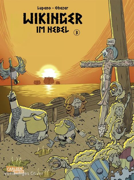 Titel: "Wikinger im Nebel". Wikinger mit Schildkrötenhelm, bärtig. Kreuz mit humorvollem Detail. Sonnenuntergang, Schiffe.