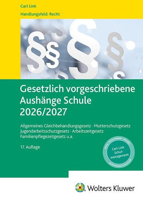 "Gesetzlich vorgeschriebene Aushänge Schule 2026/2027" auf grünem Hintergrund. Oben gelber Streifen mit Text.