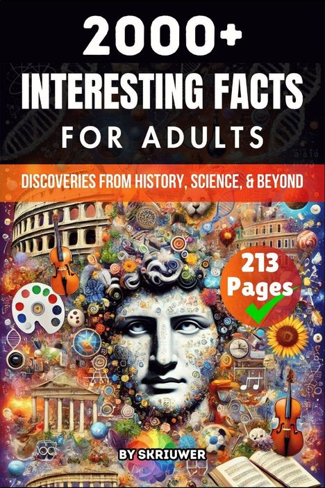 "2000+ Interesting Facts for Adults", "Discoveries from History, Science, & Beyond", Illustration mit Collage aus Symbolen.