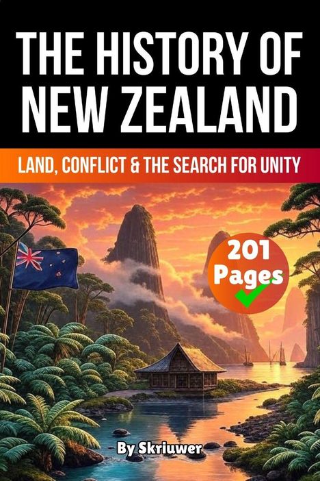 "The History of New Zealand", "Land, Conflict & the Search for Unity", "201 Pages", "By Skriuwer". tropische Landschaft.