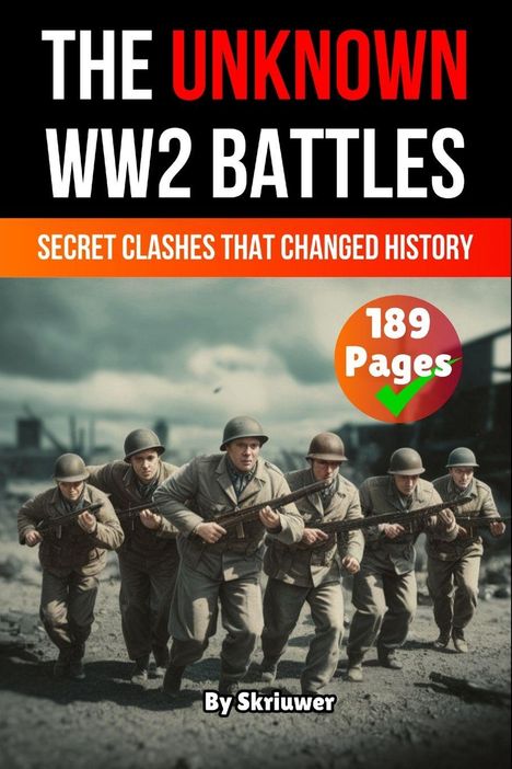 "THE UNKNOWN WW2 BATTLES. SECRET CLASHES THAT CHANGED HISTORY. 189 Pages. By Skriuwer." Fünf Soldaten in Aktion.