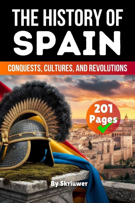 "The History of Spain", "Conquests, Cultures, and Revolutions", "201 Pages", "By Skriuwer". Römischer Helm auf Sockel.
