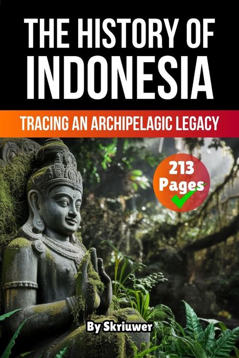 „THE HISTORY OF INDONESIA“, „TRACING AN ARCHIPELAGIC LEGACY“, „213 Pages“. Steinbuddha-Statue im Dschungel.