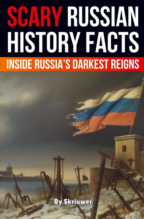 Der Text "SCARY RUSSIAN HISTORY FACTS" steht oben. Unten weht eine zerfetzte russische Flagge in einer dunklen Landschaft.