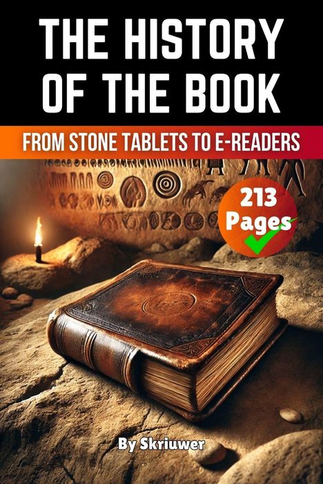 "The History of the Book: From Stone Tablets to E-Readers. 213 Pages. By Skriuwer." Vordergrund: Altes Buch auf Stein.