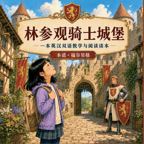 Text in der Mitte, möglicherweise Buchtitel. Illustration von Mädchen mit Rucksack blickt aufwärts, Hintergrund: Burg, Ritter.