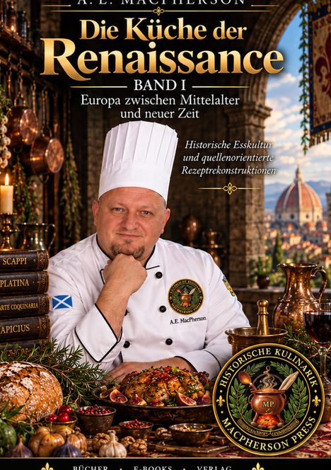 "Die Küche der Renaissance - Band I" oben. Koch in weißer Uniform und Mütze, umgeben von Essen und Büchern. Firenze im Hintergrund.
