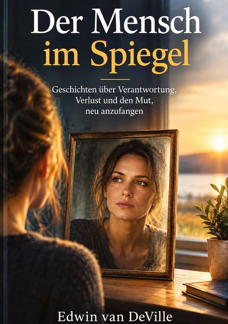 Buchtitel: "Der Mensch im Spiegel". Eine Frau betrachtet sich nachdenklich im Spiegel, im Hintergrund Sonnenuntergang.