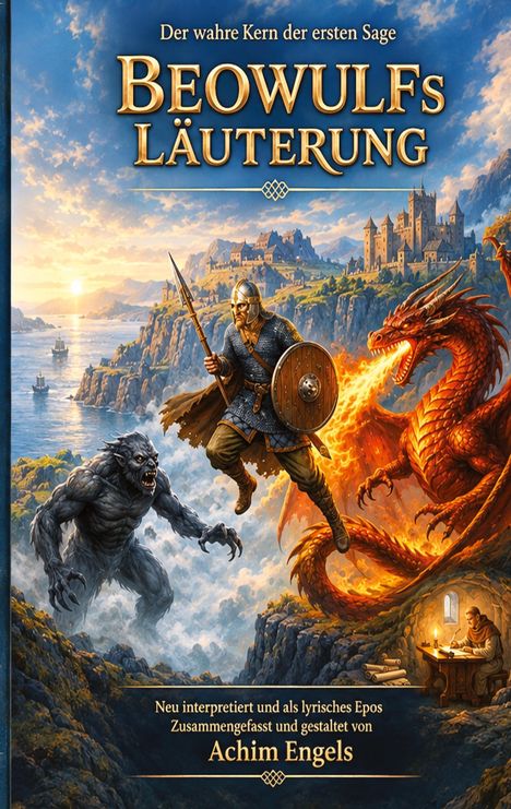 "Beowulfs Läuterung" ist der Titel. Ein Krieger kämpft gegen einen Drachen und ein Monster vor einer Burg-Szenerie.