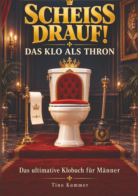 „SCHEISS DRAUF! DAS KLO ALS THRON. Das ultimative Klobuch für Männer.“ Ein luxuriöses WC mit Krone verziert.