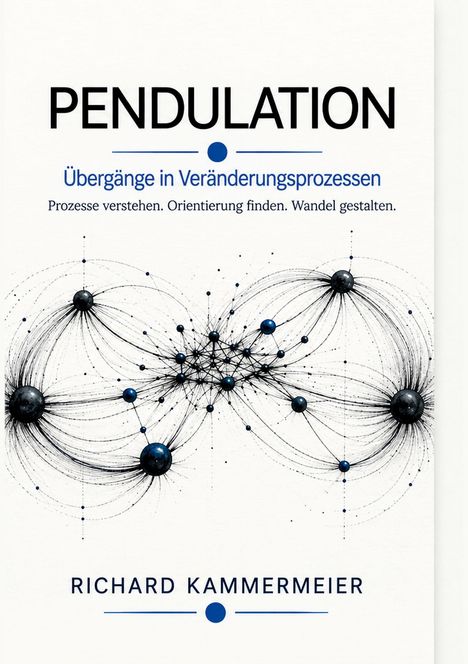 Text: PENDULATION: Übergänge in Veränderungsprozessen. Prozesse verstehen. Orientierung finden. Wandel gestalten. Richard Kammermeier.  
Illustration: Netzwerke mit blauen und schwarzen Kugeln, verbunden durch Linien.