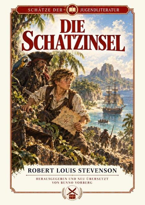 „Die Schatzinsel“ steht groß im Zentrum. Zwei Piraten mit Karte, Palmen und ein Schiff im Hintergrund in tropischer Umgebung.