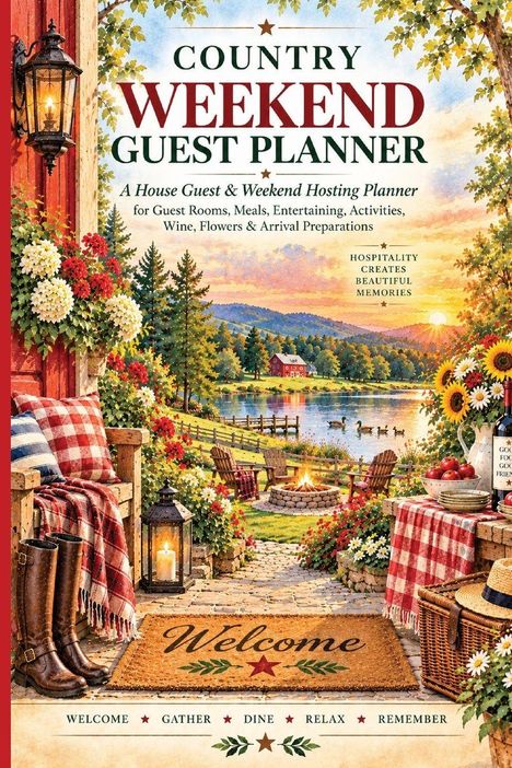 „Country Weekend Guest Planner“ und „Welcome“ auf einer Matte. Illustration eines gemütlichen Landhausszenarios.