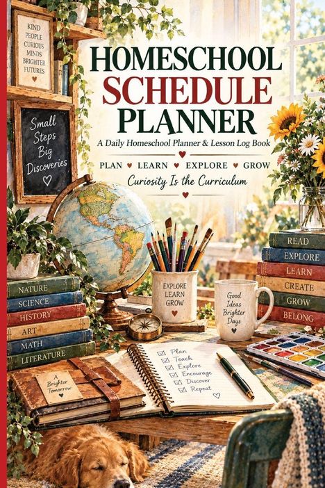 "HOMESCHOOL SCHEDULE PLANNER" steht auf einem Tisch mit Büchern, einem Globus und einem schlafenden Hund.