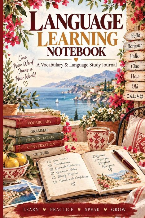 „Language Learning Notebook“ steht groß darüber. Darunter: Bücher, Blumen, Meerblick, Notizbuch und Tasse im Freien.