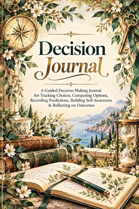 „Decision Journal“. Ein Kompass, ein Schlüssel, Bücher und eine Landschaft mit Meer. Blumen und eine Sanduhr setzen Akzente.