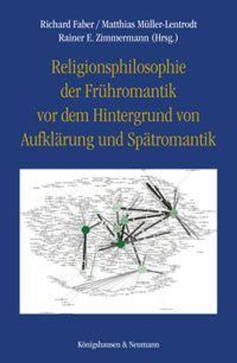 "Religionsphilosophie der Frühromantik vor dem Hintergrund von Aufklärung und Spätromantik." Blauer Hintergrund, Lineart.