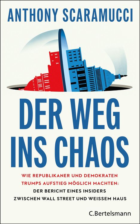 ANTHONY SCARAMUCCI, DER WEG INS CHAOS. Illustration von rot-blauem Capitol und Wolkenkratzern auf hellem Hintergrund.