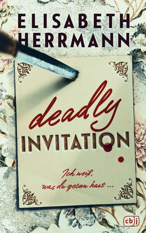 Das Cover zeigt: ELISABETH HERRMANN, deadly INVITATION, Ich weiß, was du getan hast... Ein Messer sticht ein Stück Papier.