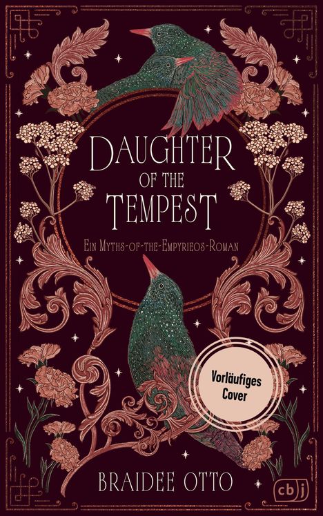 „Daughter of the Tempest“, ein fantasievolles Cover mit zwei Vögeln, Blumen und einem dekorativen Rahmen.