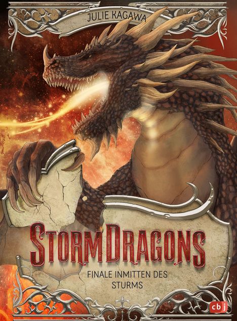 "Julie Kagawa. Storm Dragons: Finale inmitten des Sturms." 

Ein feuerspeiender Drache mit großen Hörnern in einer feurigen Landschaft.