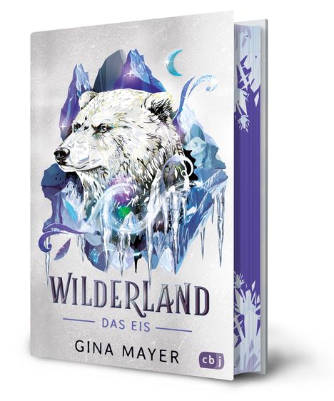 "Wilderland: Das Eis" von Gina Mayer. Ein Eisbär vor eisigen Bergen, mit einem Halbmond darüber.