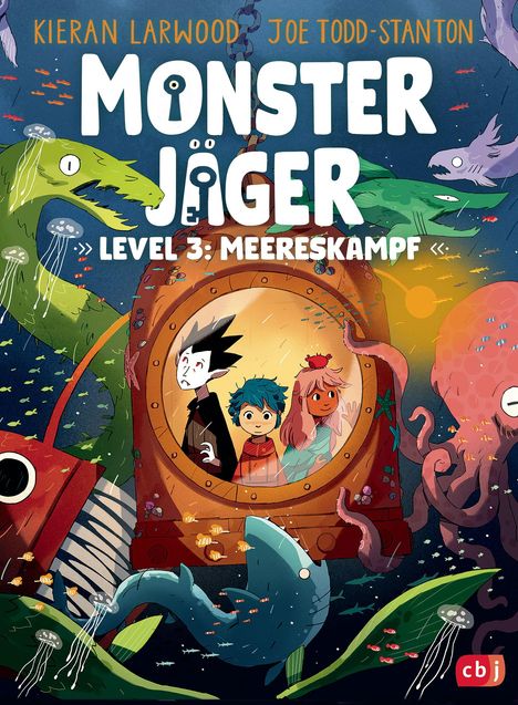 "Monsterjäger: Level 3: Meereskampf" zeigt einen Unterwasserbereich mit bunten Meereskreaturen und drei Figuren in einem U-Boot.