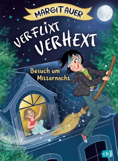 "Verflixt verhext: Besuch um Mitternacht" oben, Mädchen auf Besen reitet, anderes winkt fröhlich aus dem Fenster, Nacht.
