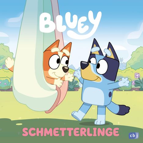 Text: BLUEY, SCHMETTERLINGE. Illustration: Zwei fröhliche Hundewelpen, einer in einer Hängematte, draußen im Garten.