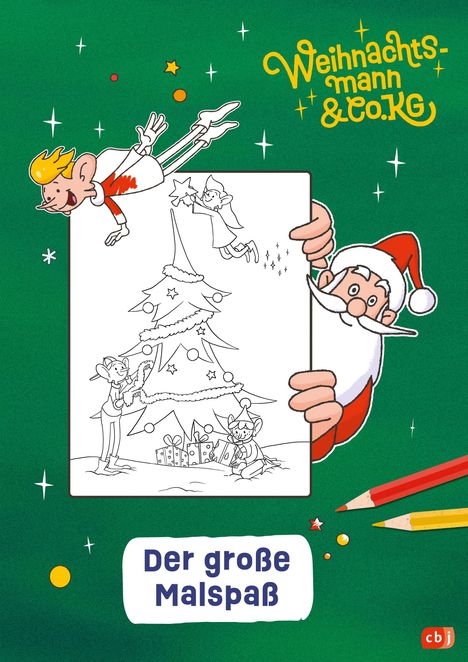 „Weihnachtsmann & Co. KG“, „Der große Malspaß“. Ein Weihnachtsmann hält eine Malvorlage mit Elfen und Baum.