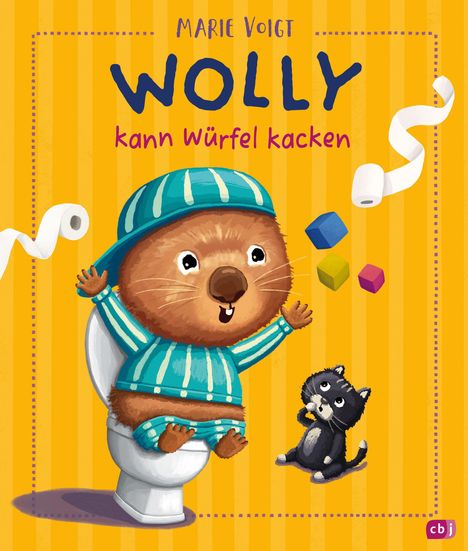 "Wolly kann Würfel kacken." Illustration: Ein freudiger Wombat in Pyjama auf einer Toilette, mit bunten Würfeln und einer Katze.