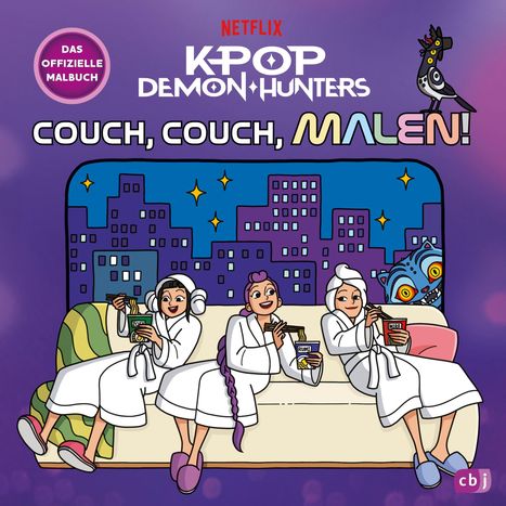 "Das offizielle Malbuch. Couch, Couch, Malen! Illustration: Drei Personen in Bademänteln auf Sofa, essen Nudeln."