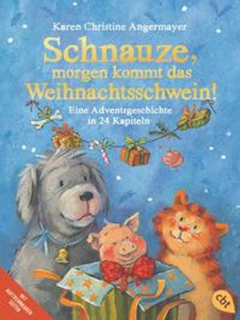 "Schnauze, morgen kommt das Weihnachtsschwein! Eine Adventsgeschichte in 24 Kapiteln." Illustration von Tieren im Winter.