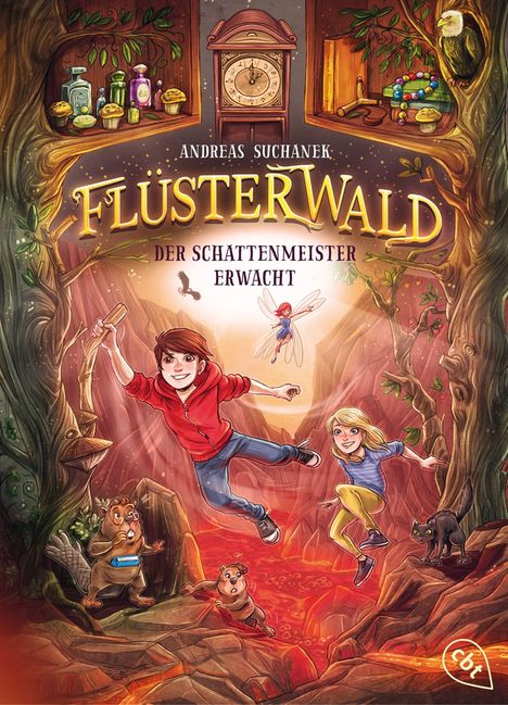 "Flüsterwald - Der Schattenmeister erwacht"; zwei Kinder springen über Lava; Tiere und eine Uhr in Bäumen.