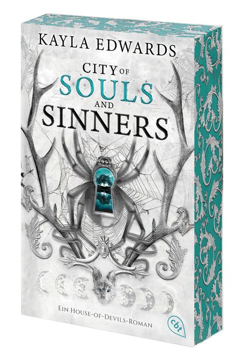 Ein Buchcover: "Kayla Edwards. City of Souls and Sinners. Ein House-of-Devils-Roman." Spinnenmotiv mit Schlüsselloch.