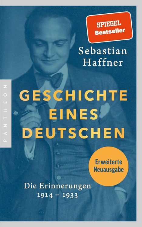"SPRECHER Bestseller" oben rechts über einem Mann in Anzug. Titel: "GESCHICHTE EINES DEUTSCHEN" von Sebastian Haffner.